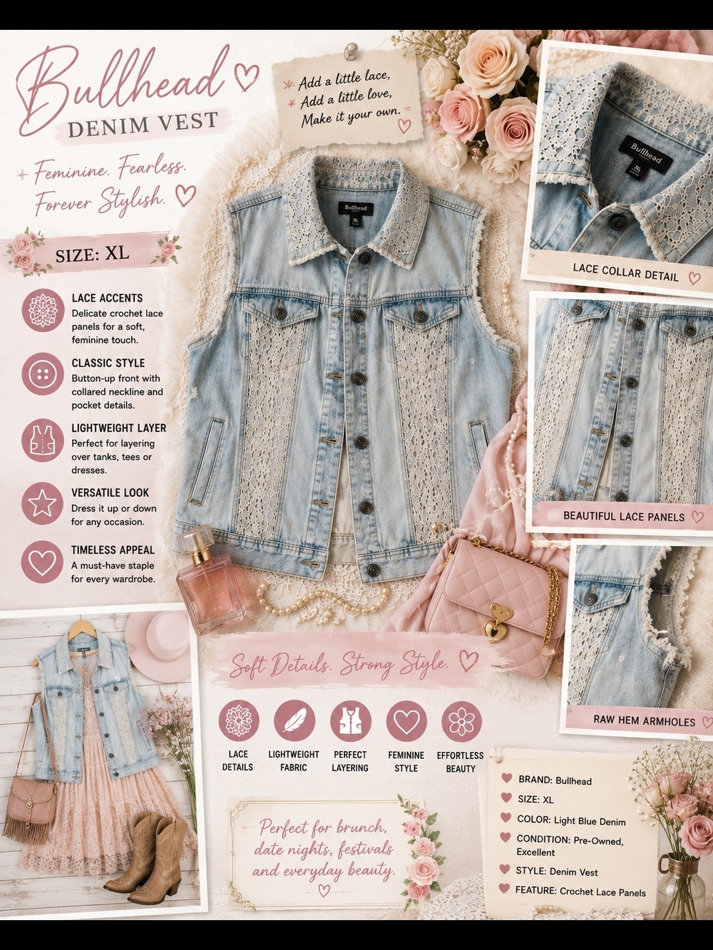 Bullhead Light Blue Denim Vest with Crochet Lace Details